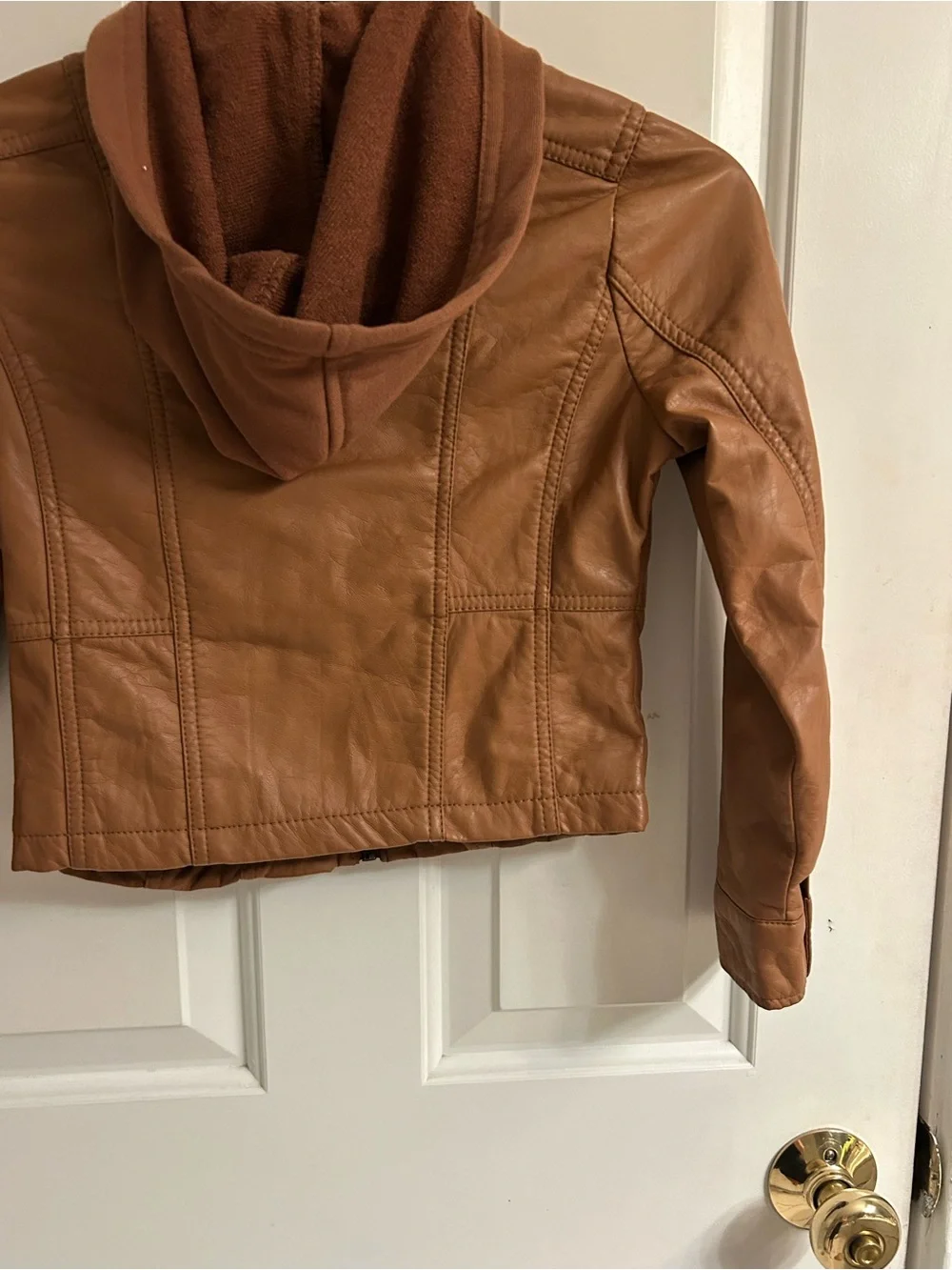 NWT-Girls Hooded Mocha Faux Leather Moto Jacket - Tan